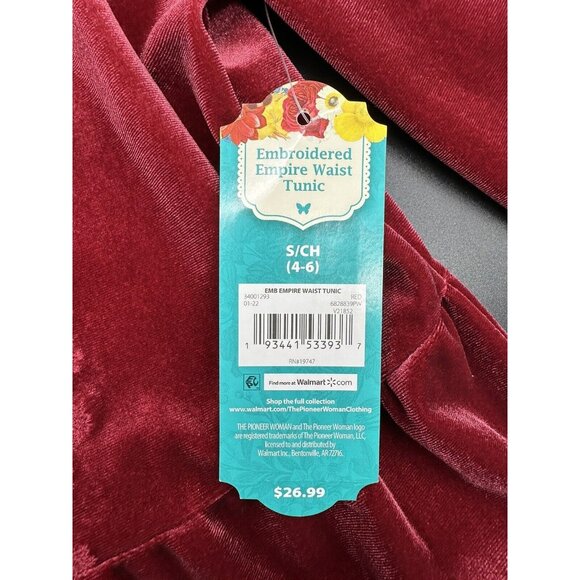 Pioneer Woman Womens Red Wine Velour Empire Waist Embroidered Tunic Shirt Small - Picture 5 of 10